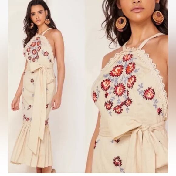 Free People NWTS Chrysanthemum Kiss Tan Embroidered Boho Dress size 8 Ecru Combo - Picture 1 of 13